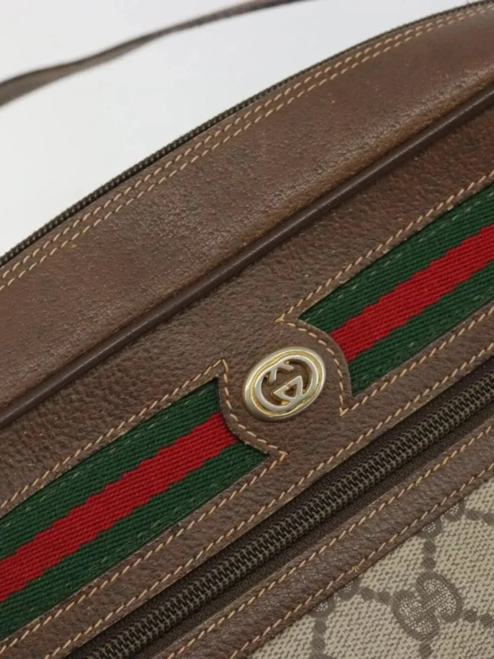 GUCCI GG Supreme Web Sherry Line Bag PVC Beige Gold Red 119 02 088 Auth YKZ1578